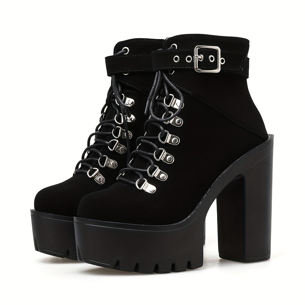 Black Women's Platform High Heels Ankle Boots, Round Toe Lace Up Ankle Buckle Strap Fashion Party Motorcycle Short Pumps